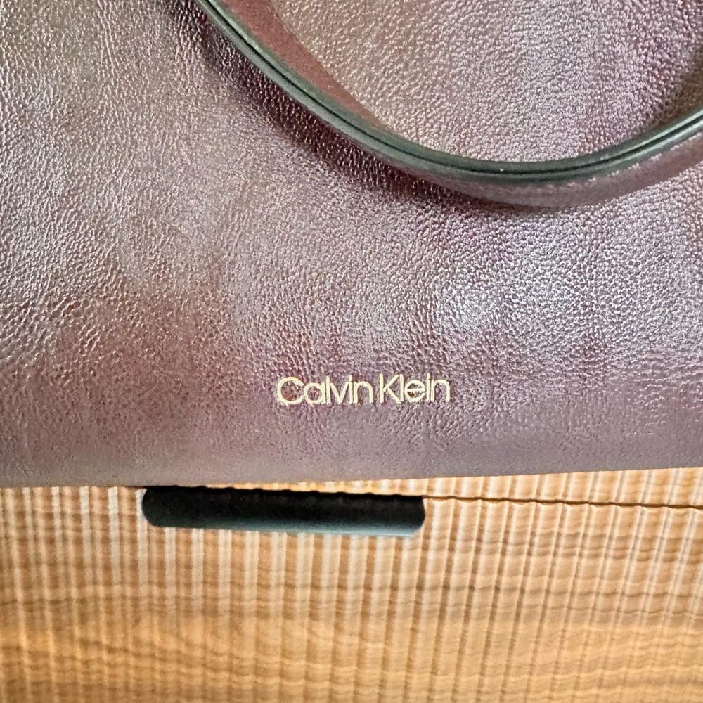 Calvin Klein Plum Leather Shoulder Bag with Gold Logo